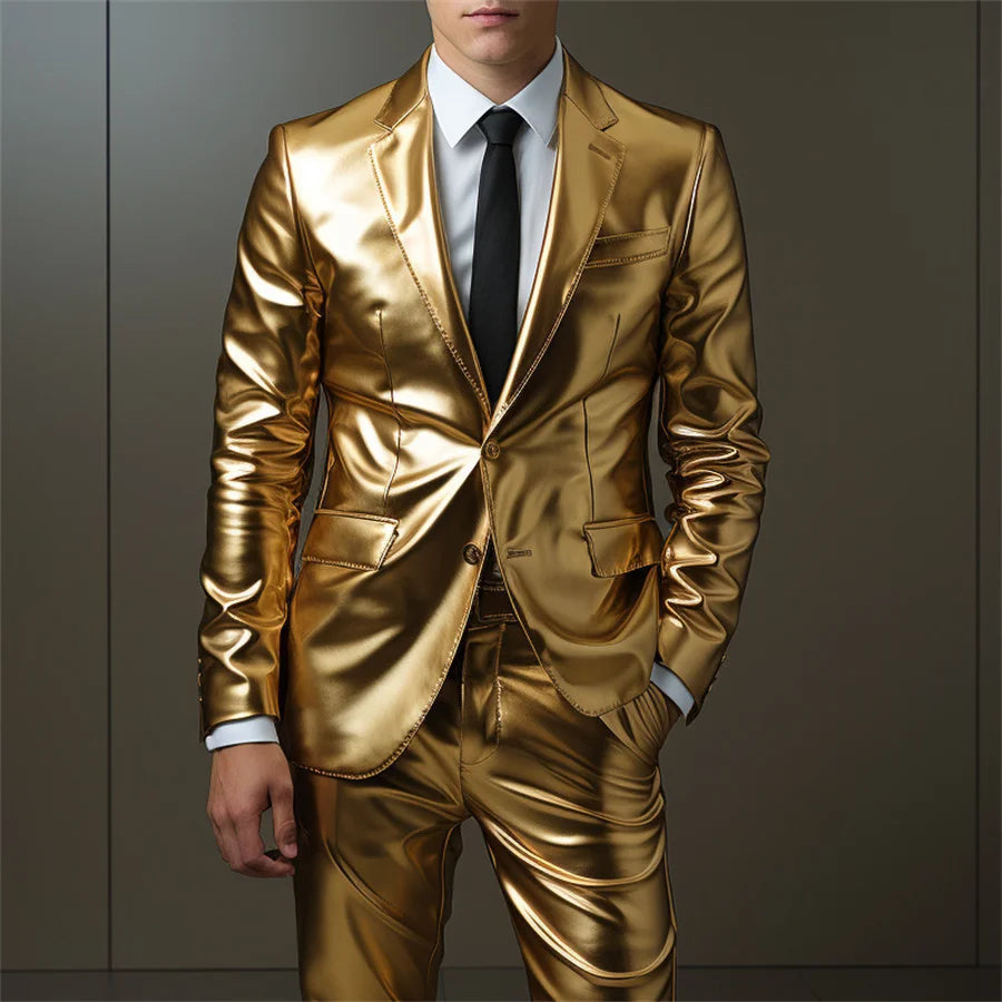 2026 New Gold Men's 2 Piece Suit Set Party Stage Nightclub Performance Jacket and Long Pants Men Cosplay Clothes Blazer Trousers