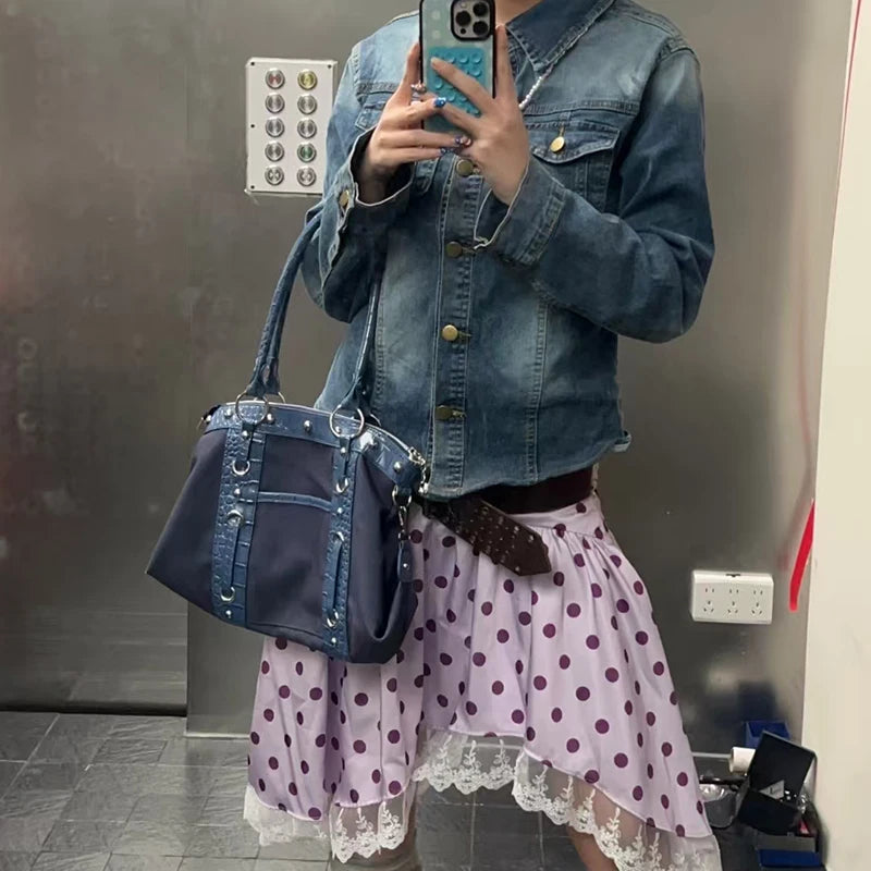 Women's Large Capacity Shoulder Bag Retro-style Commuter Shoulder Bag, High-quality Underarm Bag, Studded Motorcycle Tote Bag