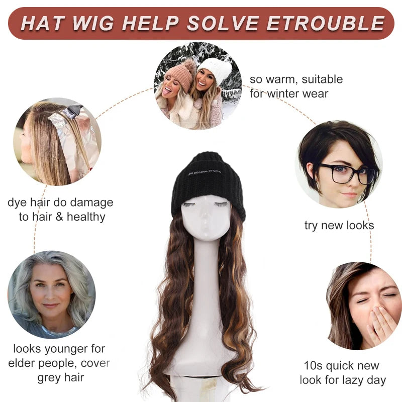 Synthetic Hat Wig for Women Girls, 22 Inch Long Wavy Integrated Wig with Black Knit Beanie Hat, Winter Daily Wear Hair Accessory