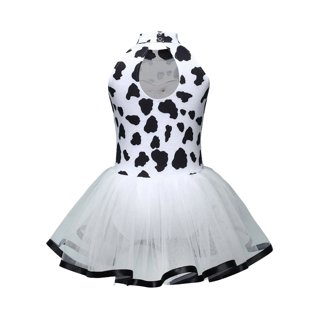 Dalmatian Costume for Kids Girls Sleeveless Sequin Bowknot Mesh Puffy Dress Halloween Black Spotted Ballet Leotard Dress Cosplay
