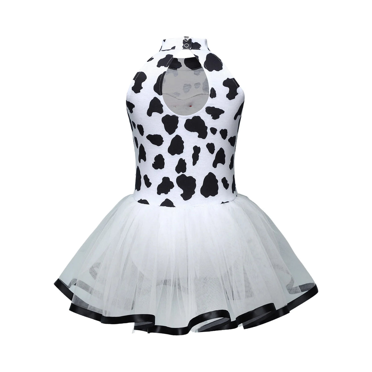 Dalmatian Costume for Kids Girls Sleeveless Sequin Bowknot Mesh Puffy Dress Halloween Black Spotted Ballet Leotard Dress Cosplay