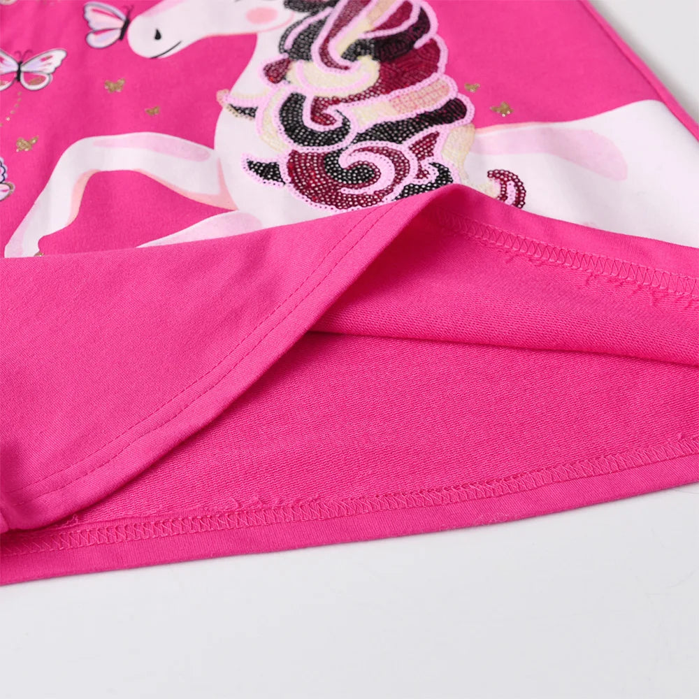 VIKITA Kids Cotton Casual Striped Straight Pink Dress Girls Licorne Butterfly Sequined Appliqued Hooded Dresses Kids Thick Dress