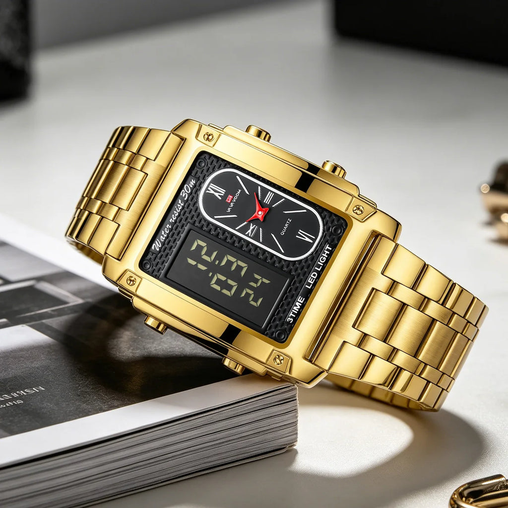 Men Electronic Watch With 50mm Rectangular LED Display Gold Stainless Steel Timing Clock Suitable Business Leisure Watch for Men