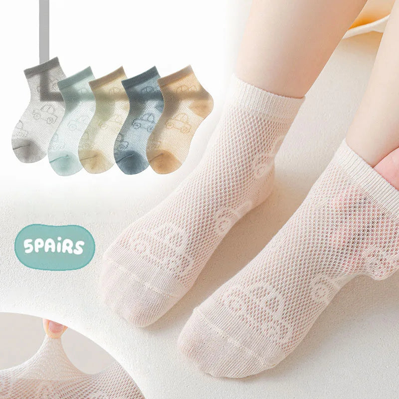 5 Pairs/Lot Kids Summer Socks Solid Color Thin Breathable Mesh Cotton Socks Cartoon Car Children Boys Casual Mid Tube Sock