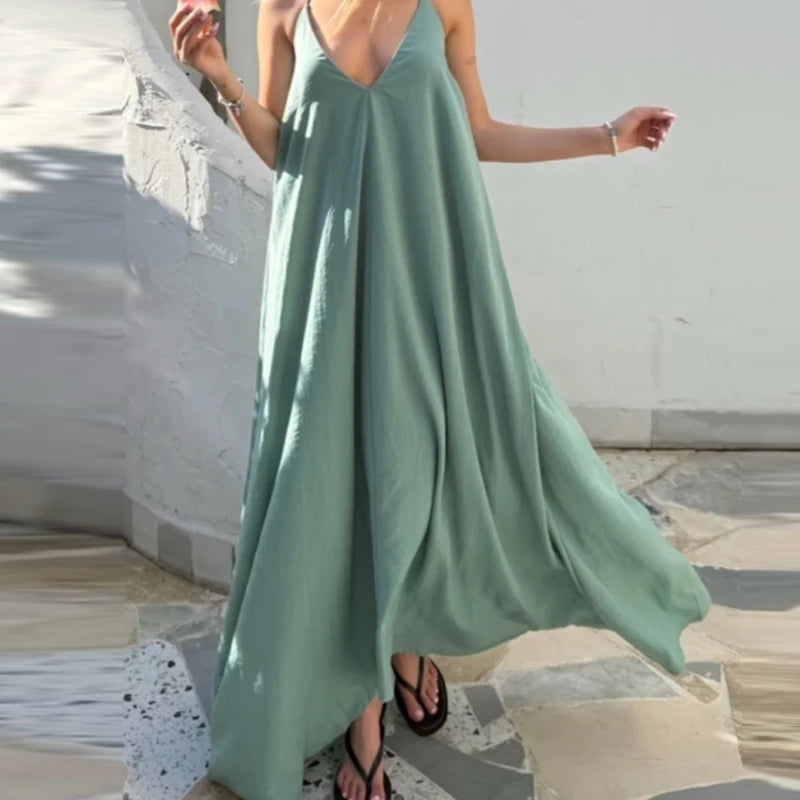 HXAO 2025 Womens Dresses Slip Long Dresses Elegant Green Red Black Dress V-Neck Sleeveless Backless Vestido Casual Women's Dress