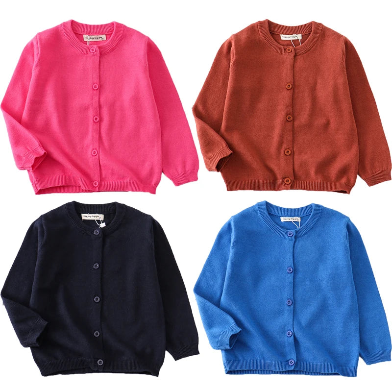Spring Autumn New Boys Girls Sweater Solid Color Round Neck Single Breasted Design Knitted Coat For 1-8 Years Old Kids