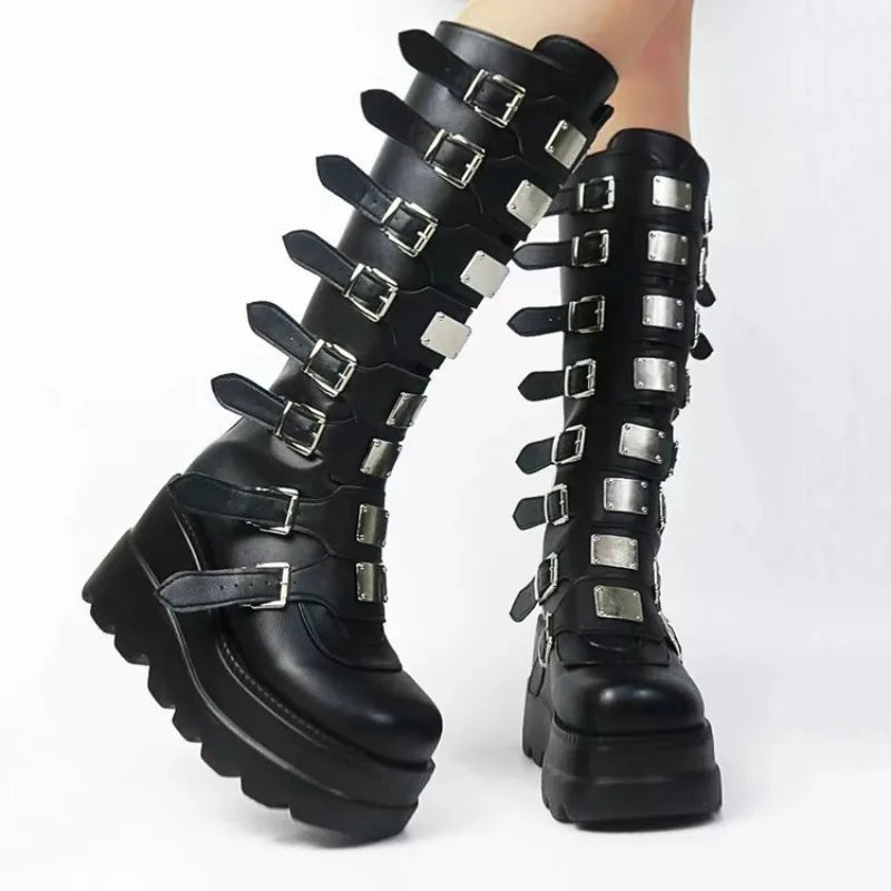 Women Boots Platform Long Boots Sexy Punk Black Motorcycles Boots Round Toe Knee High Boot Gothic Shoes Metal Buckle Women Shoes