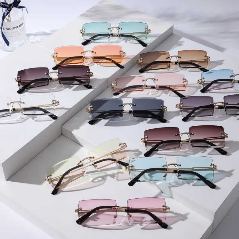 Trendy Rimless Sunglasses for Men Women Metal Frameless Rectangle Sun Glasses Retro Shades Summer Traveling Eyewear