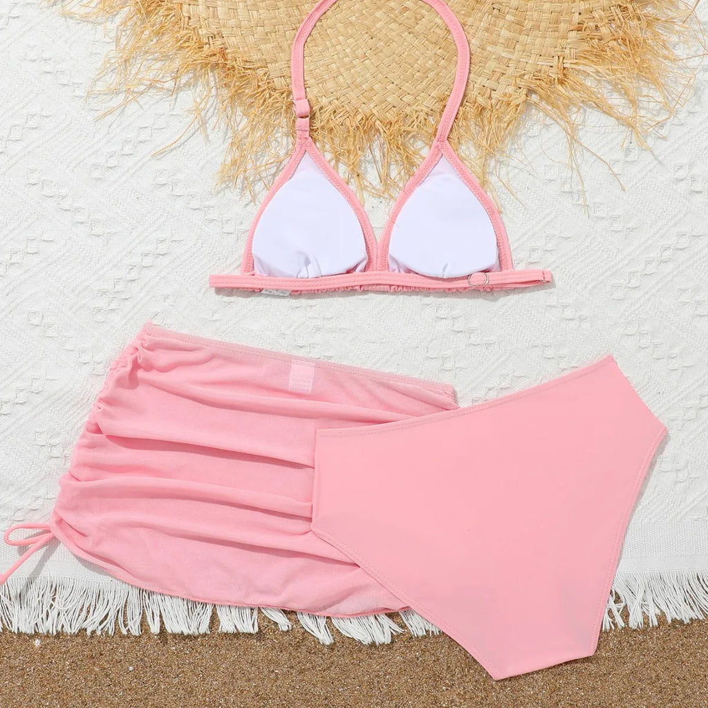 3 Pieces Bikini Top & Skirt 2025 Girls Swimsuit Kids High Waist Swimwear Children Bathers Bathing Swimming Swim Suit Beachwear