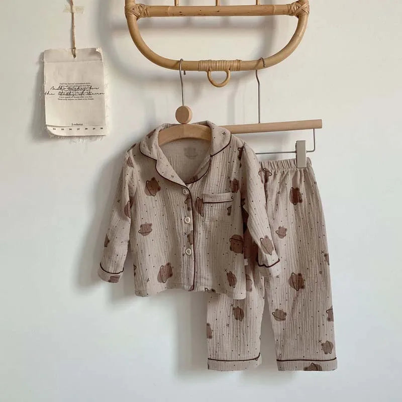 2Pcs Autumn New Kids Pajamas Korean Long Sleeve Print Bear Cardigan And Pants Cotton Musline Yarn Sleepwear