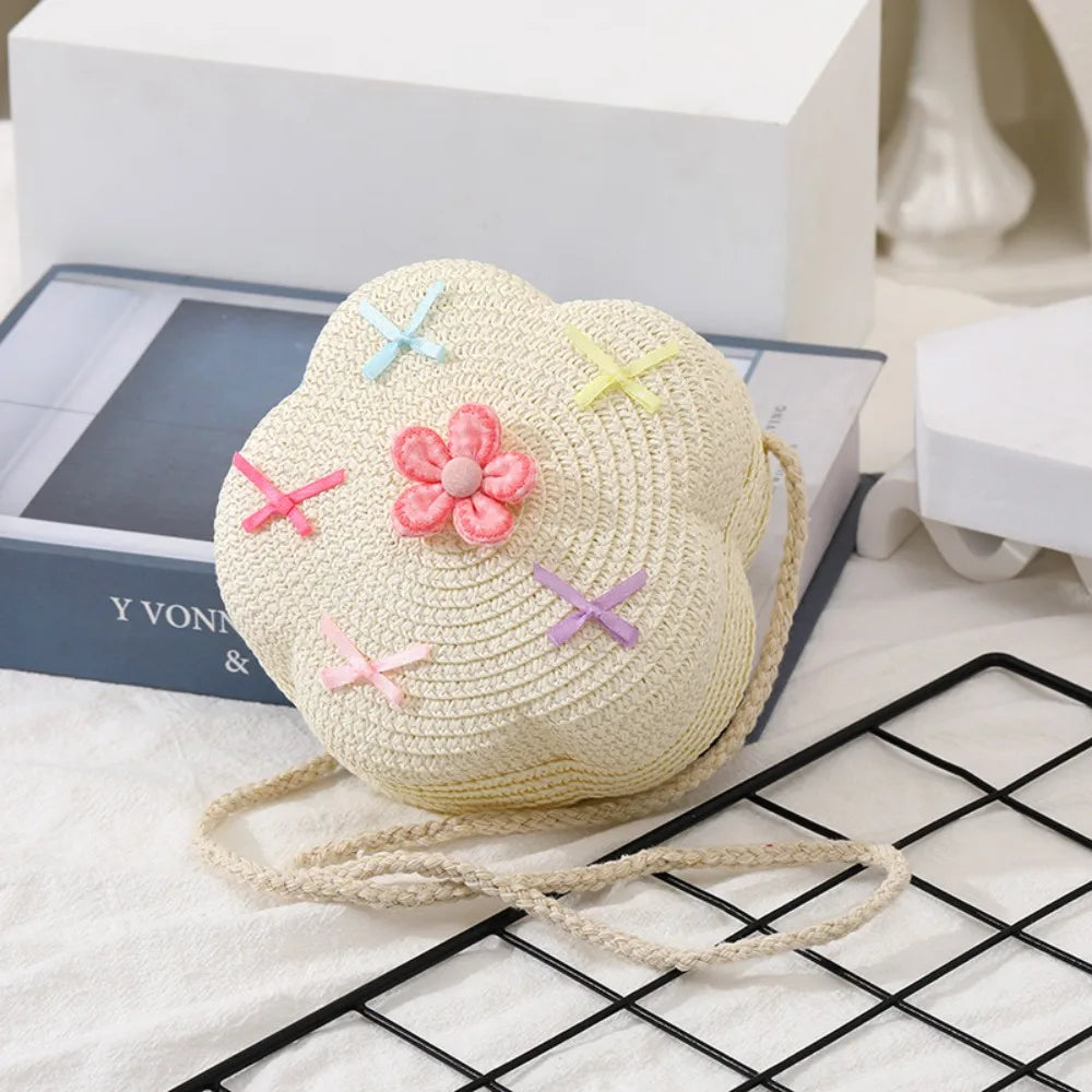 Cute Summer Children Girls Shoulder Bag Flower Bow Handmade Straw Baby Bags Messenger Bag Kids Keys Coin Purse Cute Mini Handbag