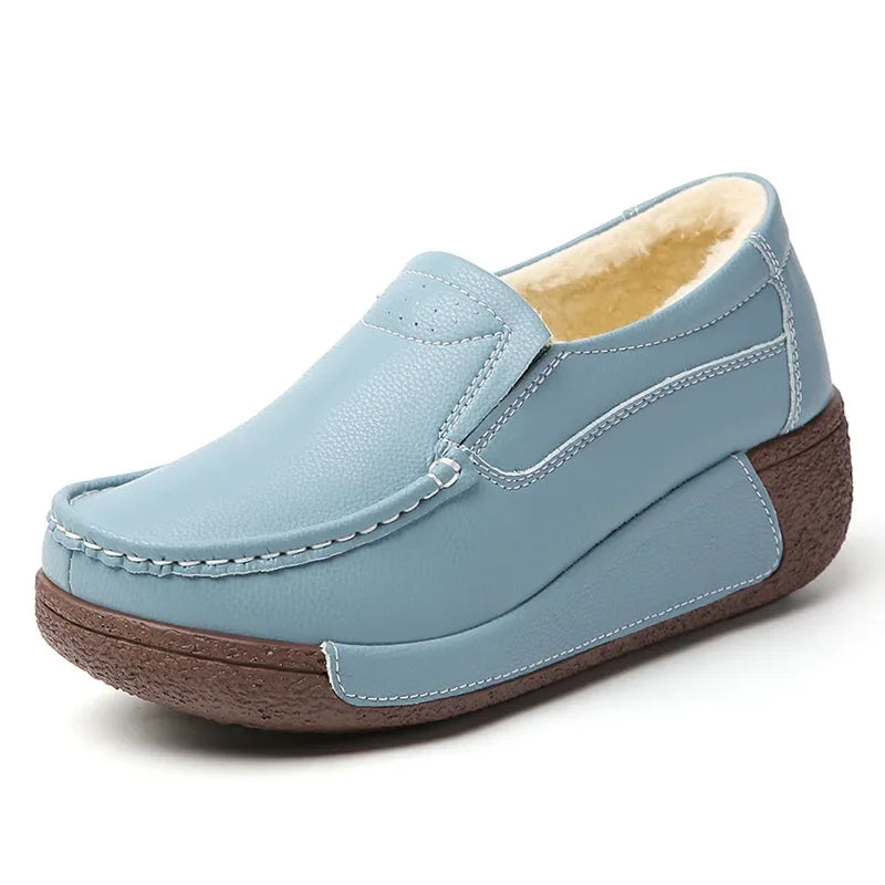 Spring and Summer Women Fashion Loafers Genuine Leather Moccasins Autumn Slip-on Casual Round Toe Wedge Platform Rocking Shoes