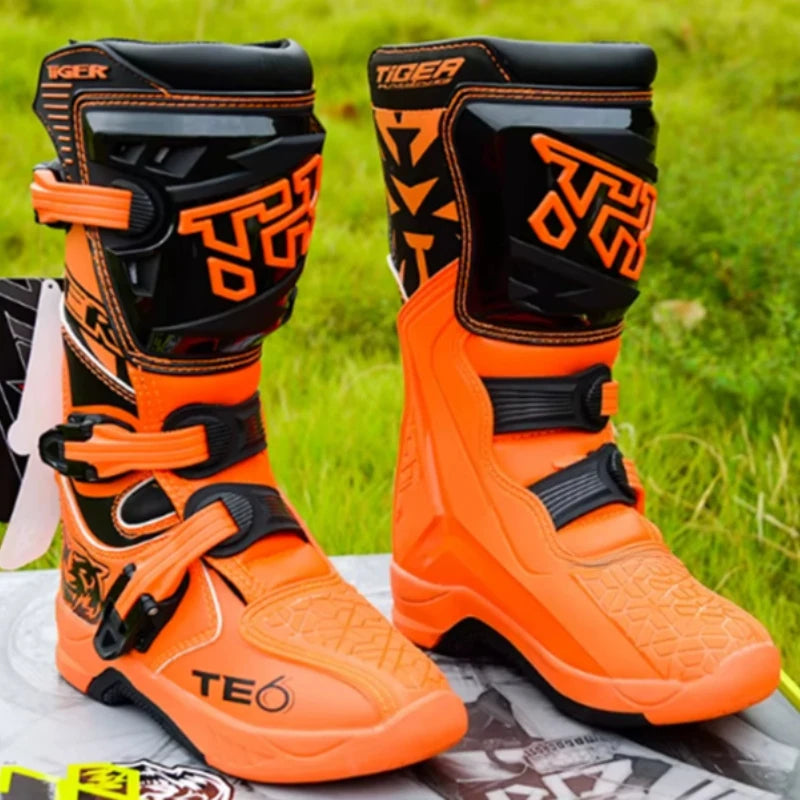 NEW TE006 Kids Motocross Boots Black Off-Road Motorcycle Boot Children Orange Youth Dirt Bike Racing Bota MX Gear for 6-12 Years