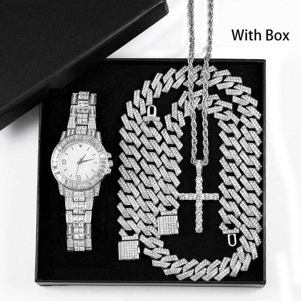 Hip Hop Men's Watch Jewelry Gift Set Glitter Silver Quartz Watch with Cross Pendant Necklace Street Punk Luxury Party Accessory