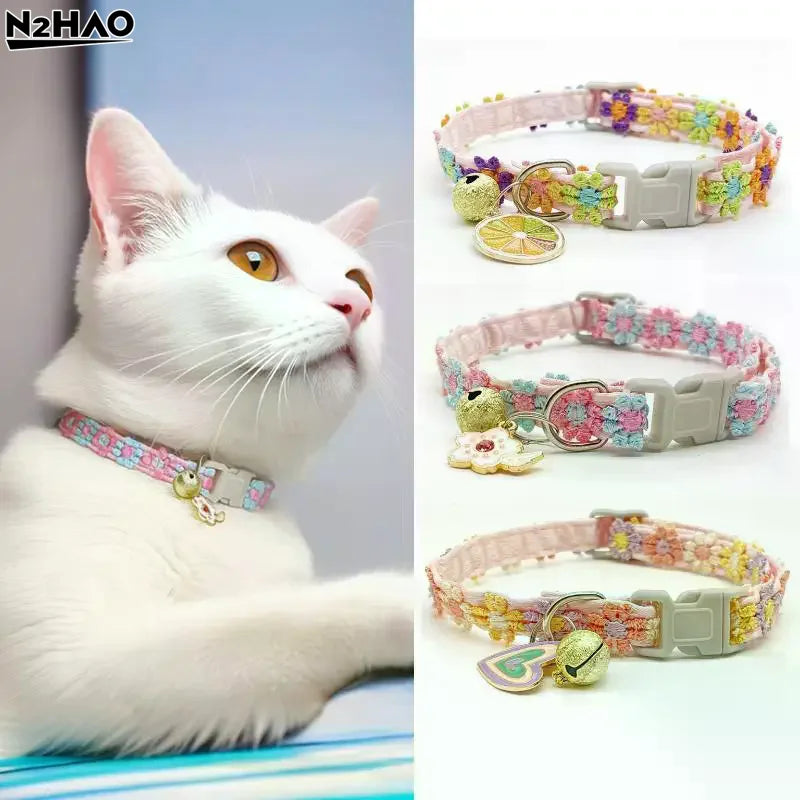 Pet Necklace Colorful Lace Flower Cat Collar Puppy Accessories Collar Bell Neck Cat Collar Adjustable Soft Durable Safe