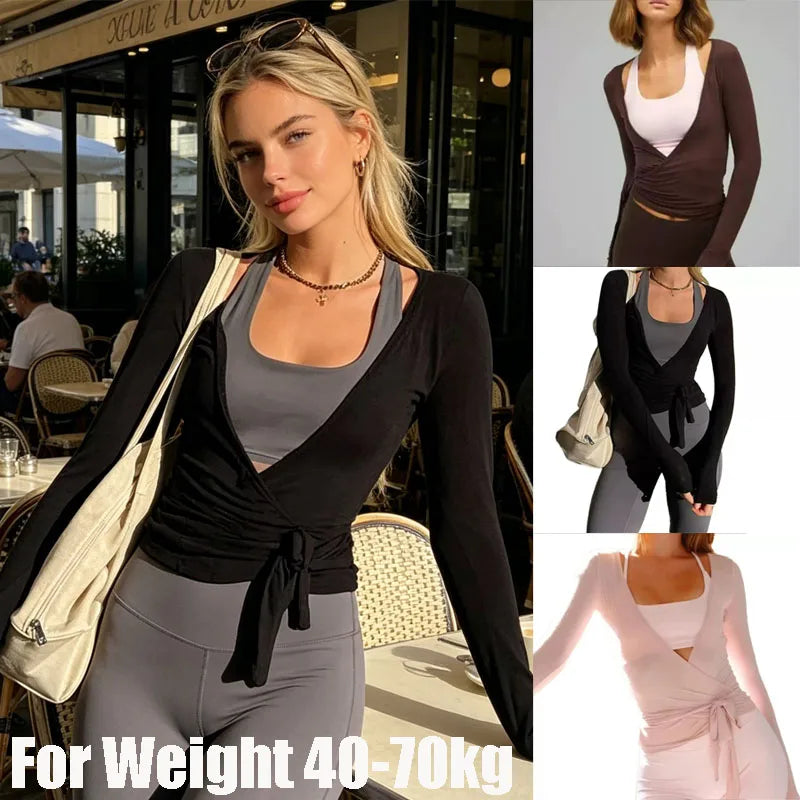 Women Yoga Wrap Tie Tops Solid Long Sleeve Slim Fit Crop Tops Ballet Workout Yoga T-Shirts Tees Coquette Sweet Chic Tops