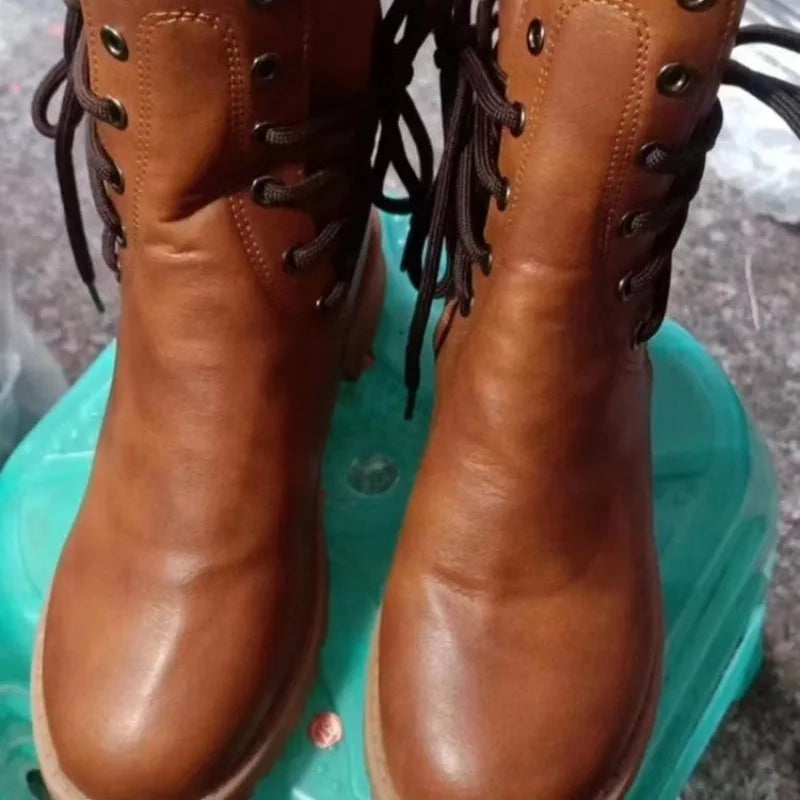 Women's Boots Fashion Casual Leather Boots Designer Mid-Calf Boot Luxury Knight Boots for Women Retro Short Boot Botas De Mujer
