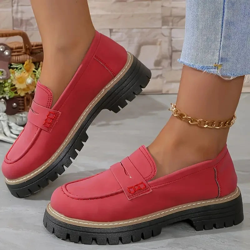Woman platform Loafers Retro Autumn Ladies Large Size Frosted British Thick Heel Round Toe Rubber Outsole new Style Casual Shoes