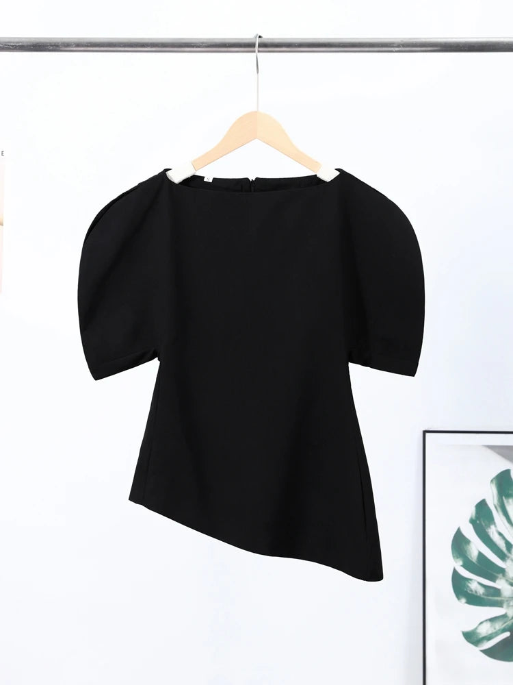 Elegant Short Puff Sleeve Shirt Women Asymmetry O-neck Waist-closed Zipper Black Blouse 2026 Spring Autumn Evening Tops Lady