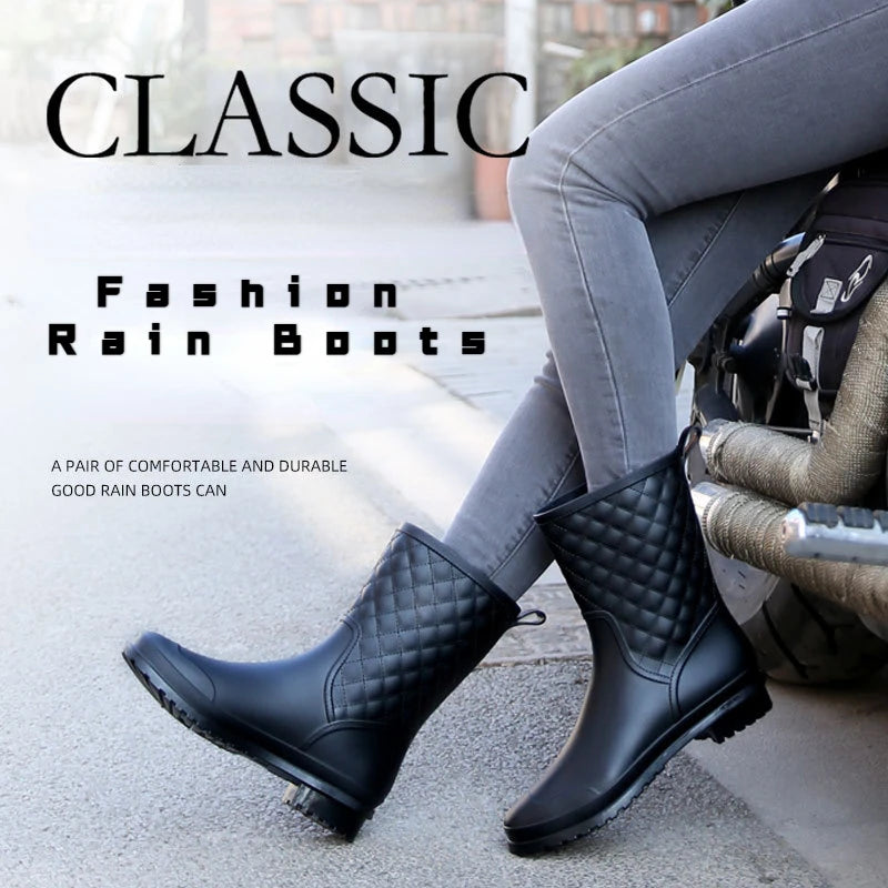 2025 New Women Rain Boots Fashion Non-Slip Women Boots Plaid Casual Rubber Shoes Comfor Wear-resistant Women's Waterproof Shoes