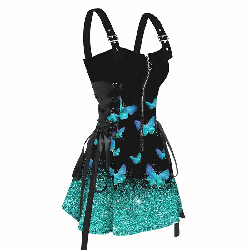Dressfo 2025 Women's Sexy Sleeveless Dresses Shiny Butterfly Print Lace Up Half Zipper Buckle Strap Mini Dress Vestidos