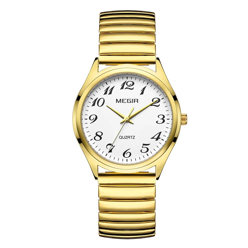 MEGIR Top Luxury Couple Watch for Men Women Golden Stainless Steel Quartz Wrist Watches Lovers Analog Wristwatch Waterproof