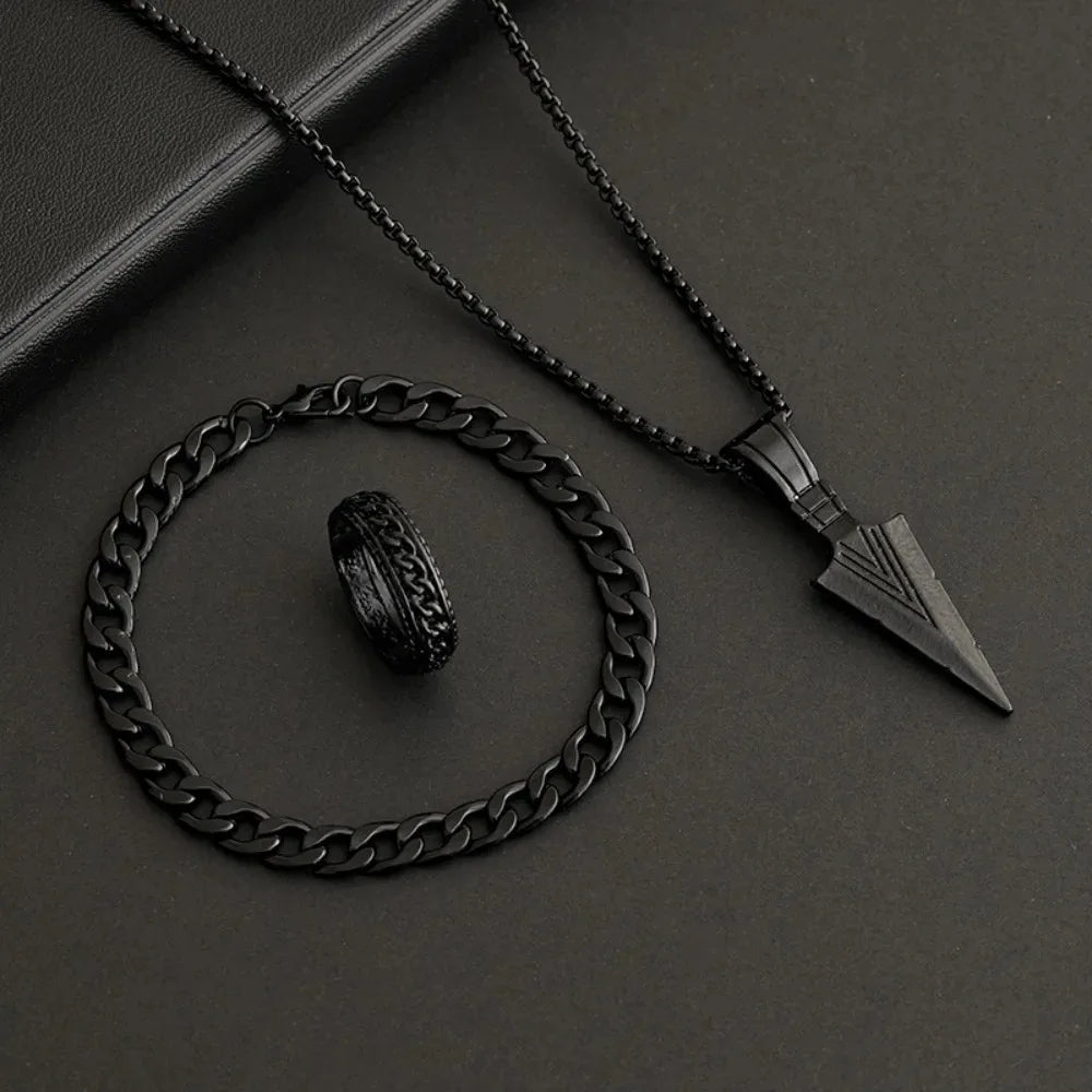 Hip Hop Men's Metal Cross Pendant Chain Necklace Bracelet Ring Jewelry Set
