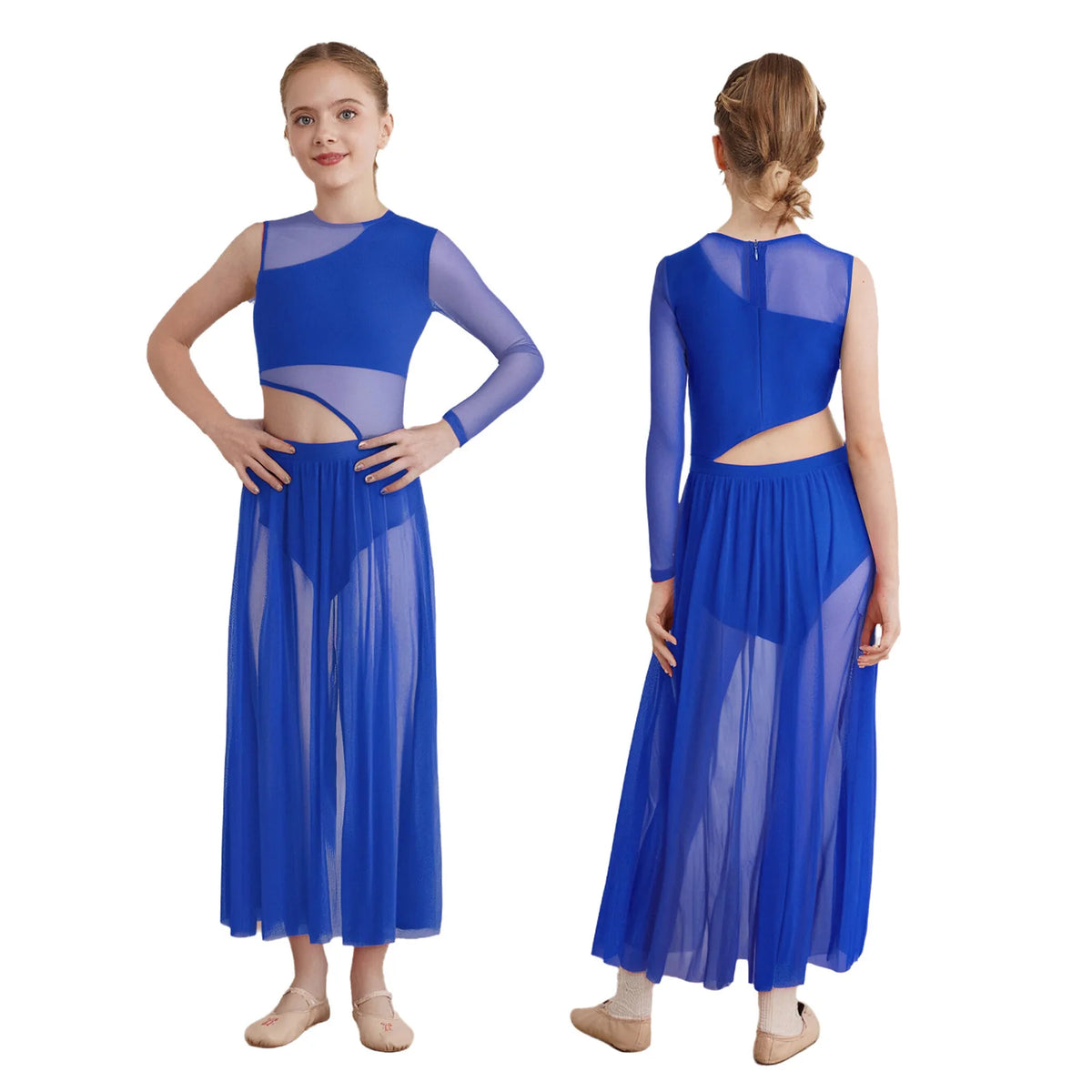 Kids Girls Lyrical Contemporary Dance Dress Patchwork Side Split Mesh Shiny Rhinestones Dresses Competition Performance Costumes