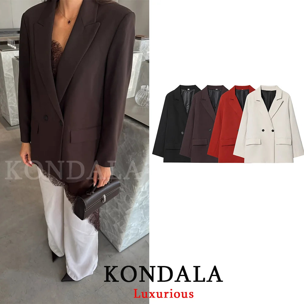 KONDALA Vintage Office Lady Chic Blazer Women V Neck Long Sleeve Pockets Loose Jacket Fashion 2026 Spring Summer Elegant Outwear