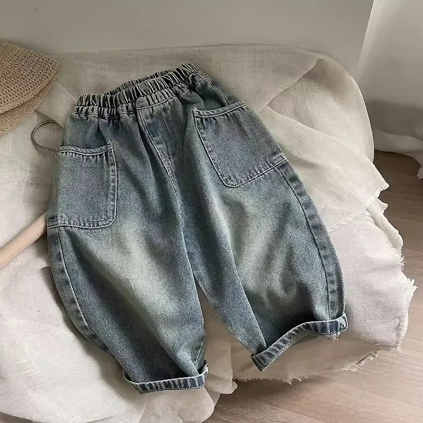 Boys Whiskered Casual Jeans, Childrens Spring Autumn New Pants, Small Medium Kids Trousers With Side Pockets for Daily Wear