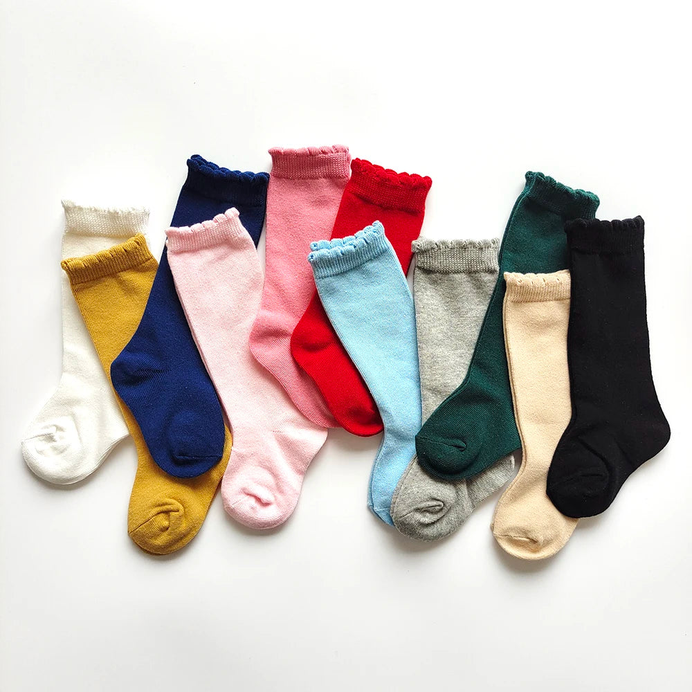 New Kids Knee High Socks Baby Girls Boys Flat Long Sock Soft Cotton Solid Color Children Stockings For 0-7 Years