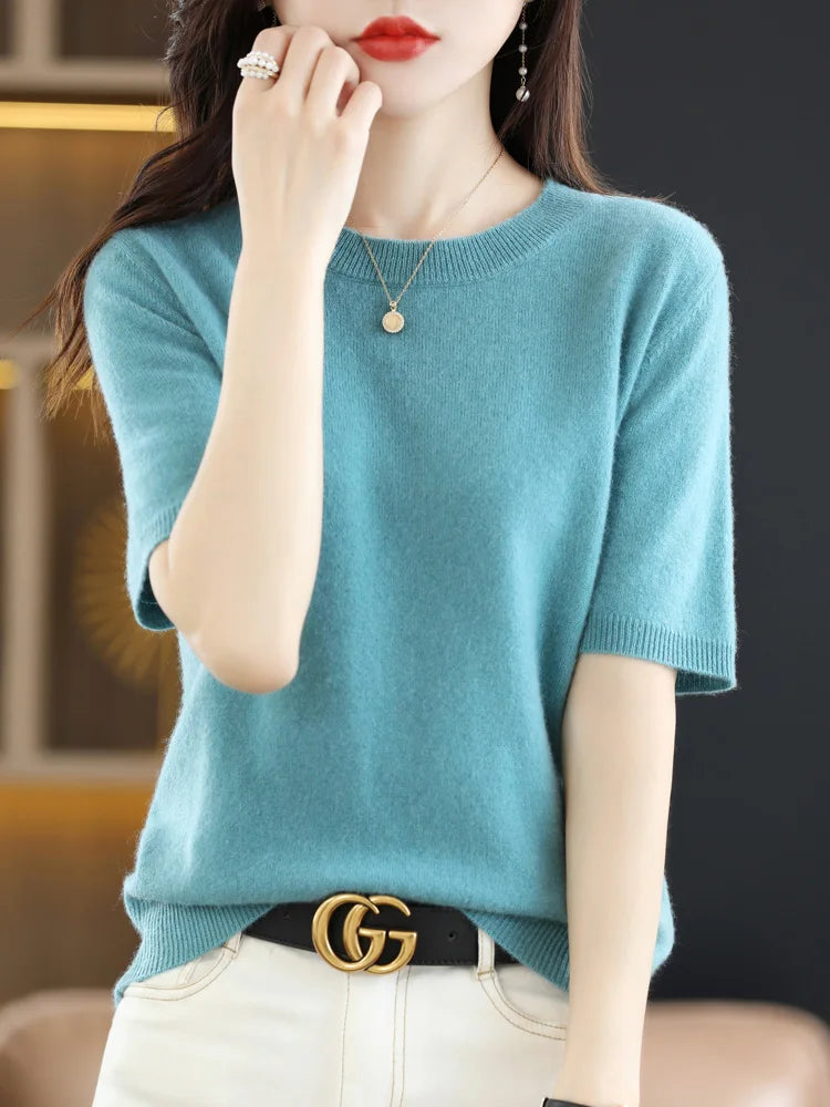 Short Sleeves Women's Sweater O-neck Bottoming Shirts Solid Spring Summer Korean Fashion Sweater Knit Top Casual Basic Pullovers