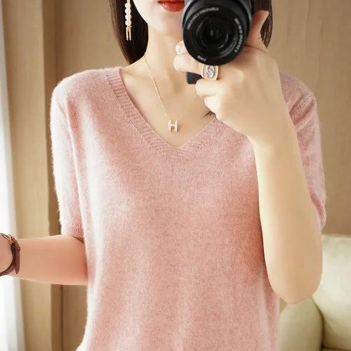 Women Sweater Casual Short Sleeve Pulls 2025 Spring Summer V-neck Knitwears Korean Fashion Shirts Tops Pullovers Soft Jumpers