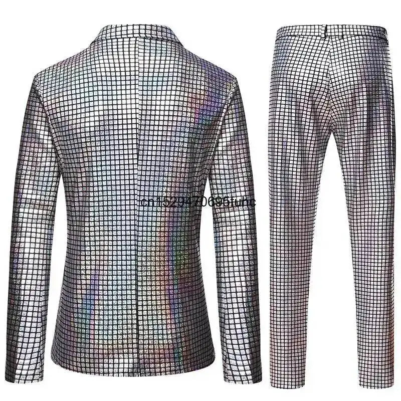 Shiny Mens Stage Prom Suits Rainbow Plaid Sequin Jacket Pants Men Dance Festival Christmas Halloween Party Costume Homme