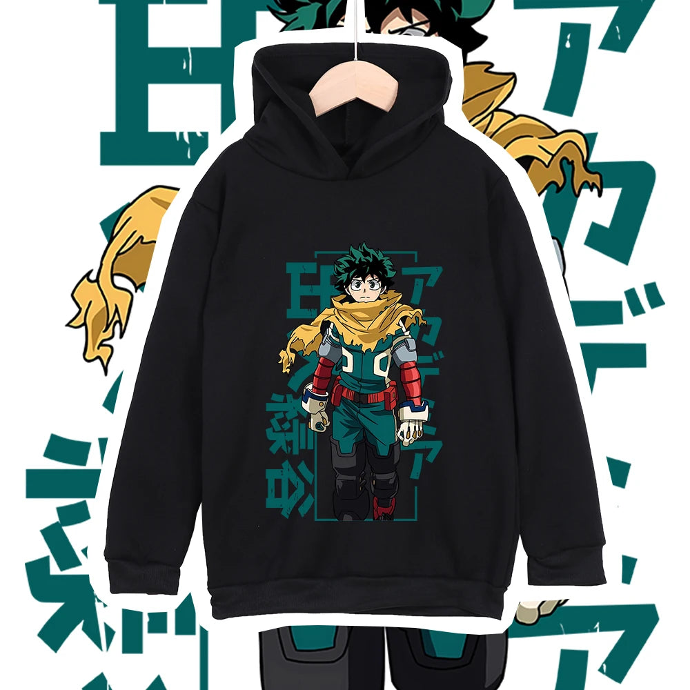 Kids Anime Cotton Tshirt Mha Midoriya Print Unisex Hoodie Sweatshirt for Boys Girls 100-160cm Cartoon Casual Clothes