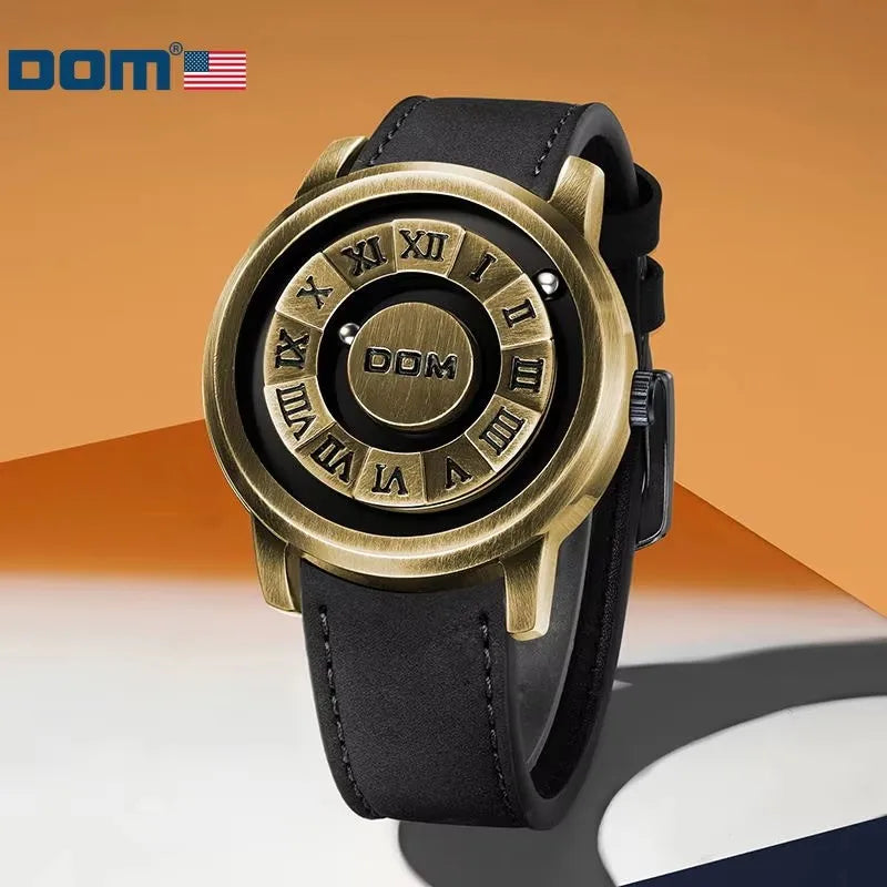 DOM 1345 Men Quartz Watch Black Creative Retro Bronze Scrolling Iron Ball Magnetic Pointer Waterproof Watches for Male Gift