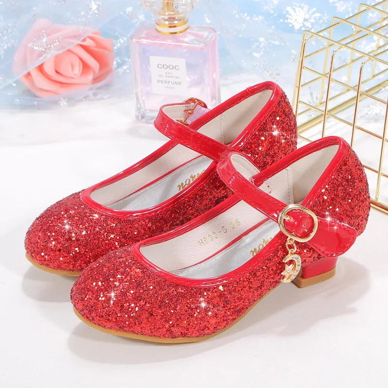 2025 New Children High Heels Red White Pink Sliver Girls Sequin Princess Shoe Four Seasons Students Dance Performance Show Shoes