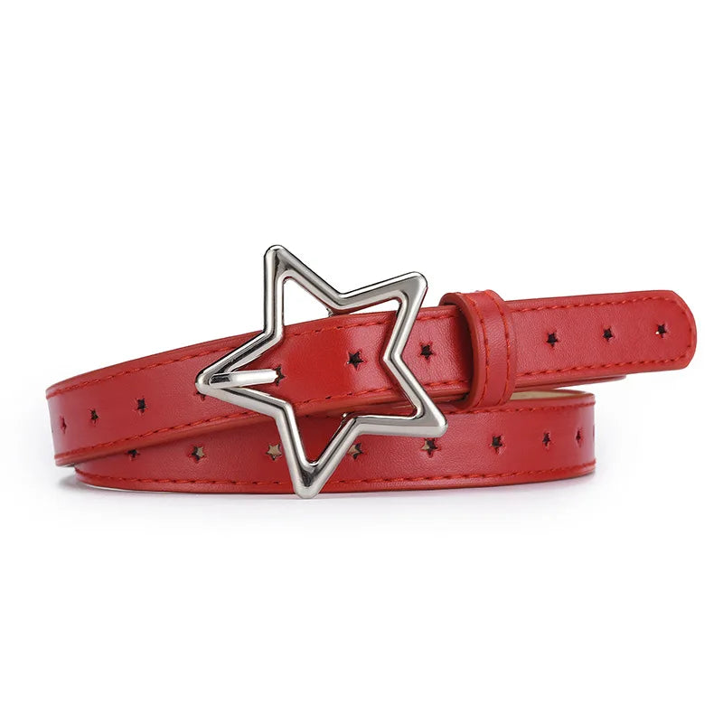 1.8x93cm Children Kids Five-pointed Star Metal Snap PU Leather Belt Girls Boys Silver Buckle Waistband Pants Decor Waist Belt
