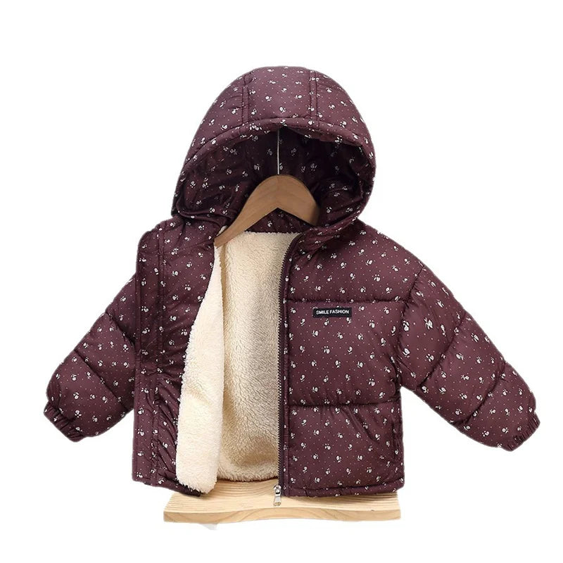 Kids Warm Down Coats Children Comfortable Versatile Print Hooded Zipper Outdoor Outerwear Girls Boys Casual Thermal Jacket