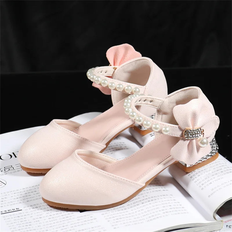 Children Girls Leather White Princess High Heel Kid Dress Student Show Dance Sandal Shoes Toddler Shoes Girl Mary Jane