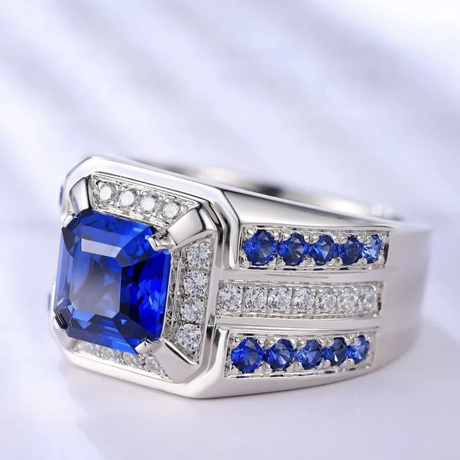European - American Fashion New Men's Jewelry Inlaid Blue Square Stone Grand Luxury Men's Ring Wholesale Size 7-13