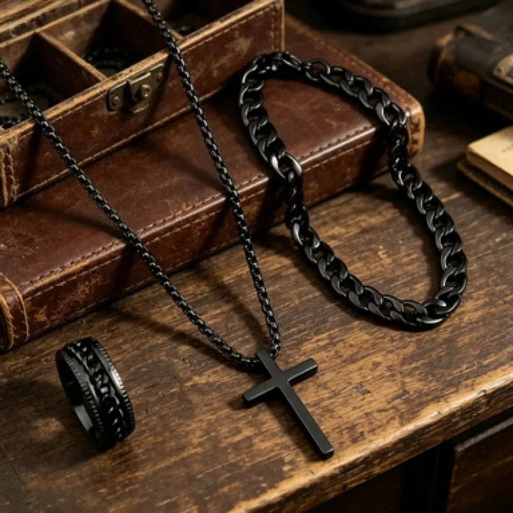Hip Hop Men's Metal Cross Pendant Chain Necklace Bracelet Ring Jewelry Set