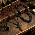 Hip Hop Men's Metal Cross Pendant Chain Necklace Bracelet Ring Jewelry Set