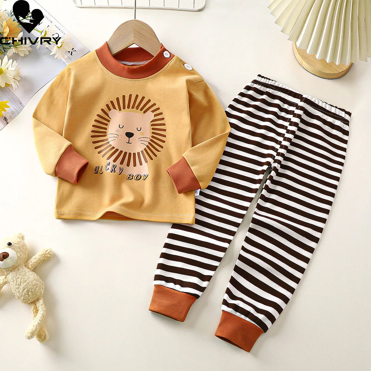 Boys Girls Autumn Pure Cotton Pajamas Kids Cartoon Print Long Sleeve T-Shirt Tops + Pants Pyjamas Baby Underwear Clothing Sets