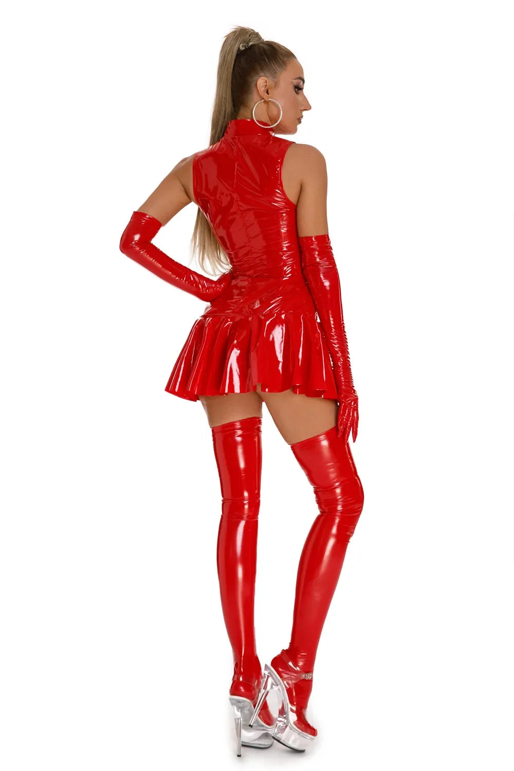 Women's Exotic Leather Dress Wet Look Sexy Bodycon Pleated Latex Dress High Collar Sleeveless Bottom Flare Mini Dresses