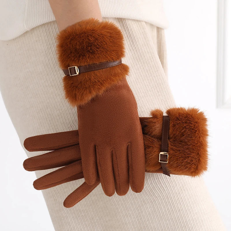 Women's winter gloves with plush lining, warm, windproof, cold-resistant, with plush decoration, touch-screen compatible, suitable for driving and cycling, 1 pair