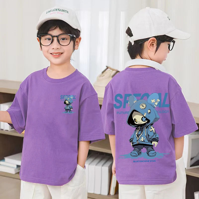 Korean Children's Clothes 2025 Boys Hip Hop Cartoon Graphic T Shirts Girls Short Sleeve Cotton Children Top Baby Summer Clothes