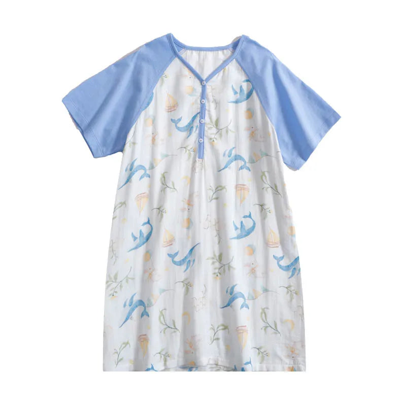 Lightweight Gauze Children's Summer Pajamas Breathable Cartoon Printed Girls' Nightgown Cute One-Piece Pajamas