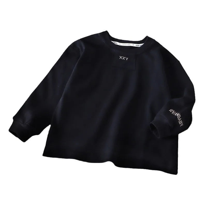 Kid Boy Girl Solid Color Sweatshirt Letter Embroidery Children Daily Long Sleeves Comfortable Wear Combed Cotton Top Fashion