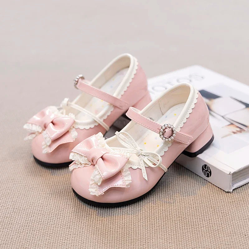 Girls High Heels New Leather Shoes Princess Chic with Double Bow-knot Kids Princess Wedding Party High Heels Fashion Dress Shoes